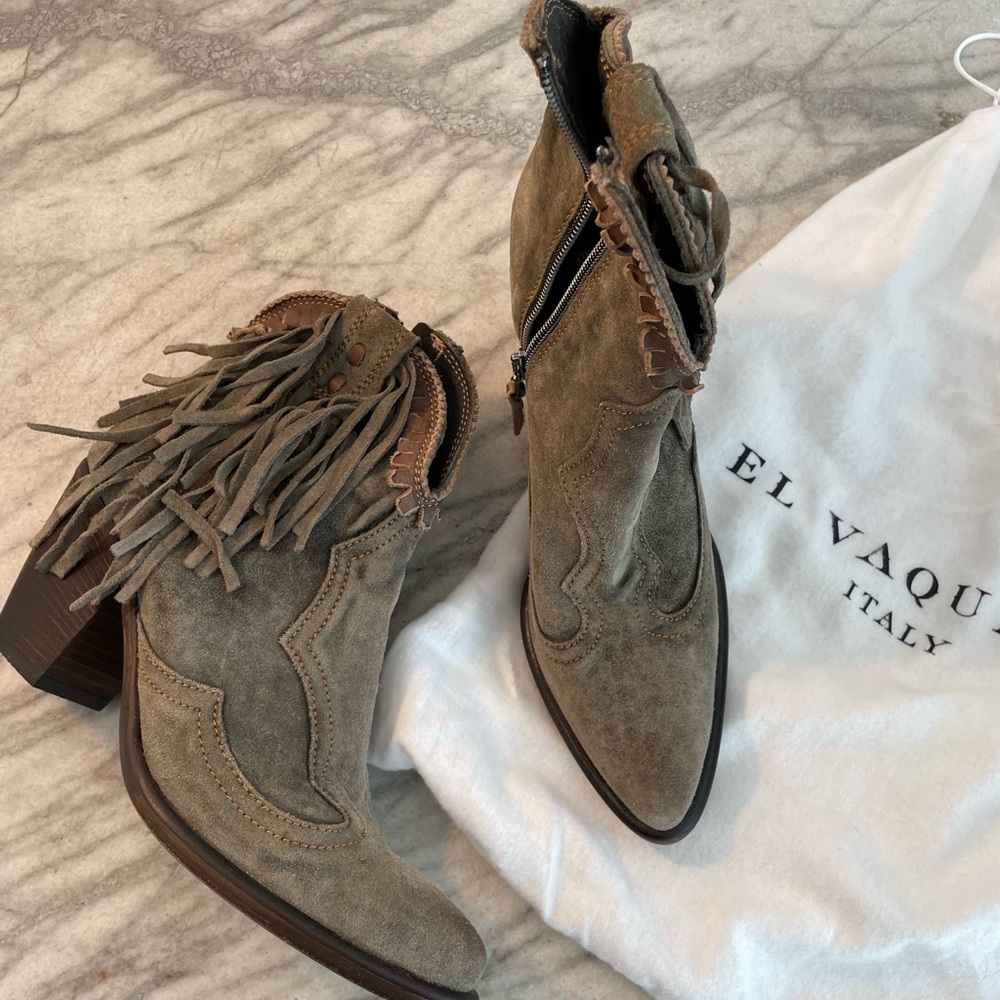 El Vaquero suede Cowboy Cowgirl western fringe leather ankle boots Italy 7.5